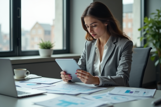 Jeune femme professionnelle analysant des graphiques démographiques