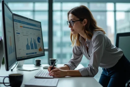 Femme analysant des graphiques PPC dans un bureau moderne