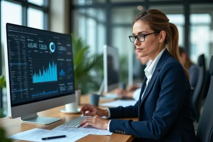 Femme professionnelle analysant des tableaux de bord financiers sur un &eacute;cran d'ordinateur dans un bureau moderne, illustrant le pilotage financier avec Planbi