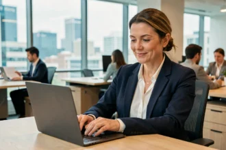 Femme professionnelle consultant ses bulletins de paie numérisés sur un ordinateur portable dans un bureau moderne