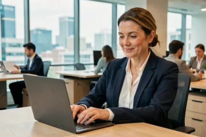 Femme professionnelle consultant ses bulletins de paie numérisés sur un ordinateur portable dans un bureau moderne