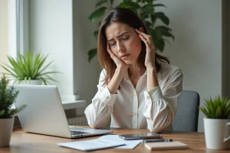 Femme d'affaires frustrée devant son ordinateur au bureau