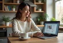 Femme assise à une table de cuisine avec son ordinateur