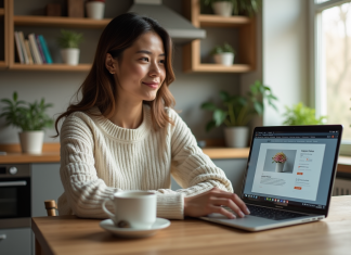 Exemple de publicité ciblée: Comment la mettre en oeuvre efficacement ? Femme assise à une table de cuisine avec son ordinateur