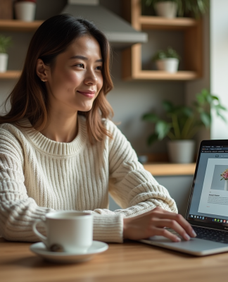 Femme assise à une table de cuisine avec son ordinateur