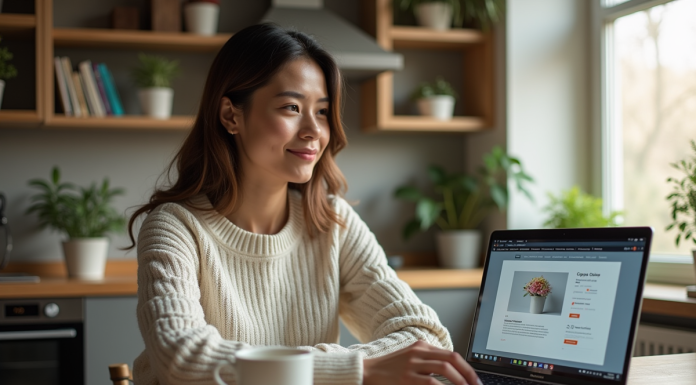 Femme assise à une table de cuisine avec son ordinateur