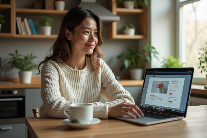 Femme assise à une table de cuisine avec son ordinateur