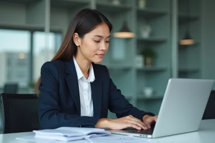 Femme en costume dans un bureau moderne avec ordinateur
