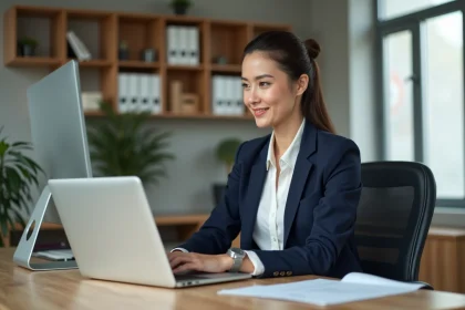 Femme d affaires souriante utilisant un ordinateur au bureau