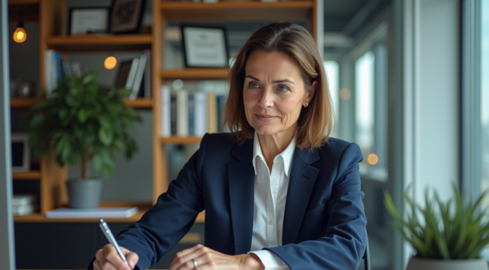 Femme d'âge moyen dans un bureau moderne en pleine réflexion