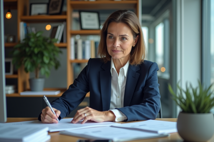 Femme d'âge moyen dans un bureau moderne en pleine réflexion