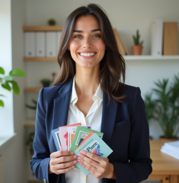 Top alternatives à Vistaprint : trouvez votre imprimeur en ligne idéal ! Femme souriante tenant cartes de visite dans un bureau moderne