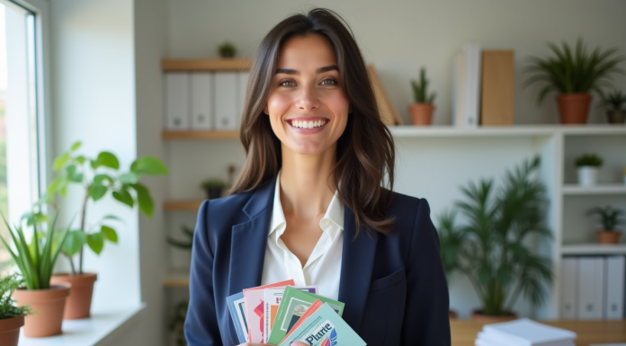Femme souriante tenant cartes de visite dans un bureau moderne