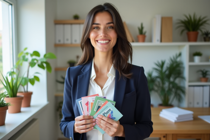 femme-business-cards Femme souriante tenant cartes de visite dans un bureau moderne