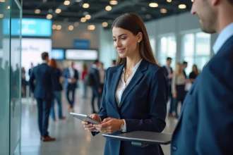 Femme d'affaires en costume navy lors d'une inscription