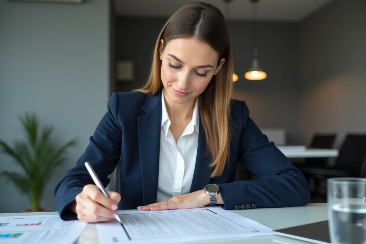 Femme cadre relisant un contrat de travail 39 heures à son bureau avec annotations stylo