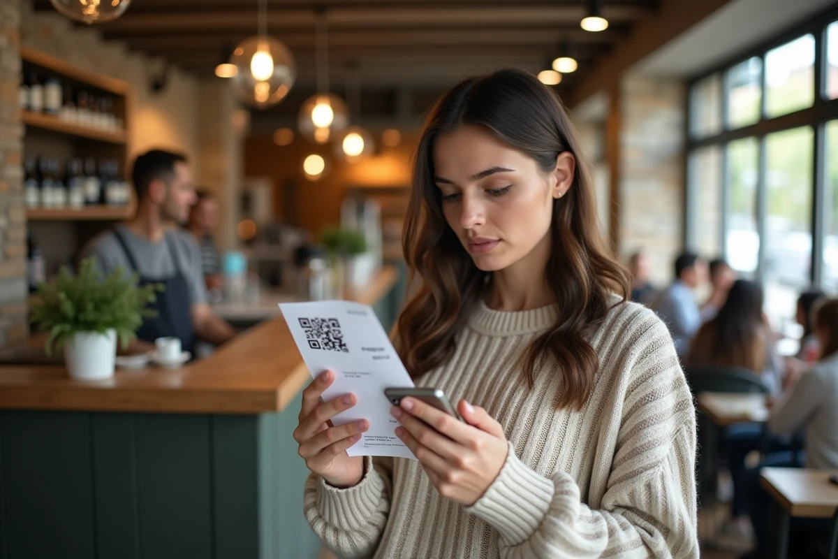 Femme scannant un QR code dans un café lumineux