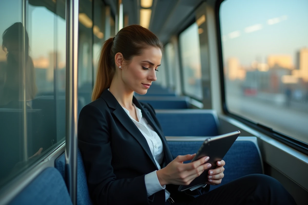 Femme d affaires dans le train lors de sa commute