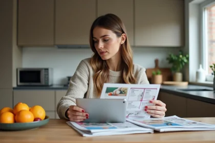 Femme regardant des circulaires dans une cuisine moderne