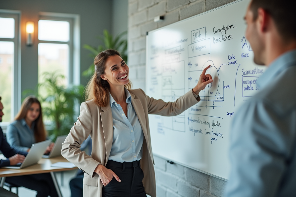 Jeune femme consultante pointant un diagramme fiscal blanc