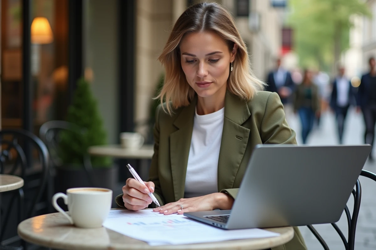 Femme consultante analysant des documents de stratégie commerciale en terrasse de café pour lancer son projet digital