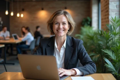 Femme professionnelle souriante dans un espace de coworking