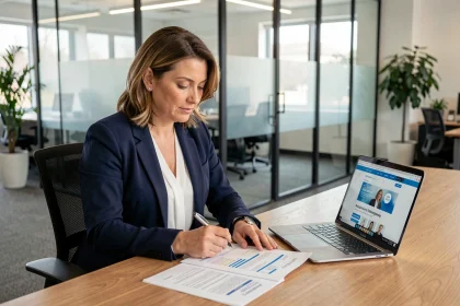 Femme entrepreneur comparant les services de partenaire-entreprise.com et d'un expert-comptable pour la création de son entreprise