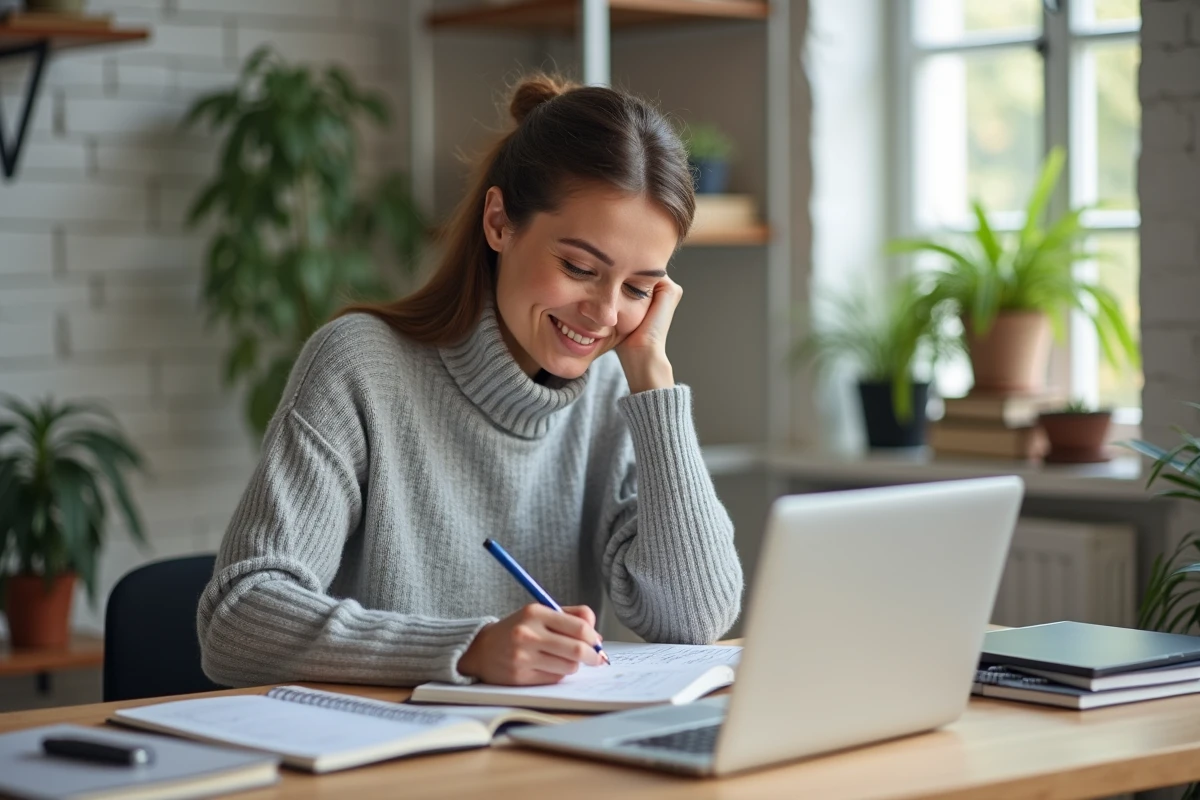 Femme entrepreneur prenant des notes pour créer son business plan sur formanovadigital.fr dans un bureau à domicile moderne