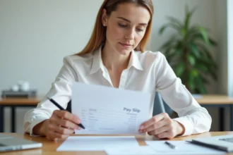 Femme en bureau examinant un bulletin de salaire CDD avec attention, stylo en main sur un bureau moderne