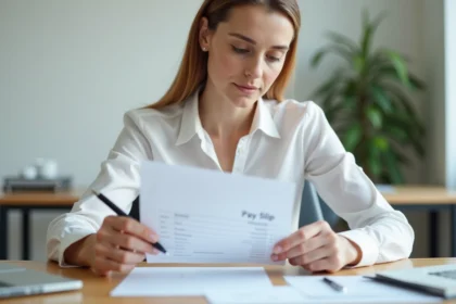 Femme en bureau examinant un bulletin de salaire CDD avec attention, stylo en main sur un bureau moderne