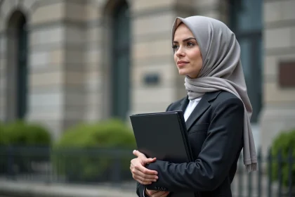 Femme portant un hijab devant l'assemblee nationale du Quebec