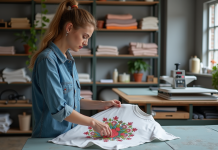 Impression textile : quelle encre utiliser ? Les secrets révélés ! Femme examinant un t-shirt en coton imprimé floral