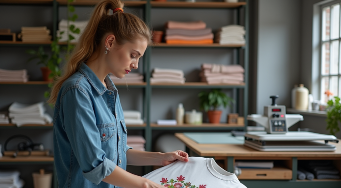 Femme examinant un t-shirt en coton imprimé floral