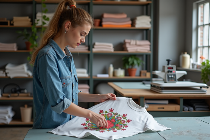 Femme examinant un t-shirt en coton imprimé floral