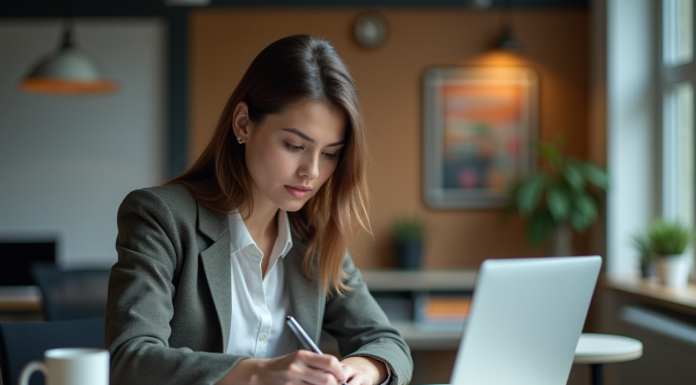 Femme en réunion esquissant des diagrammes dans un bureau moderne