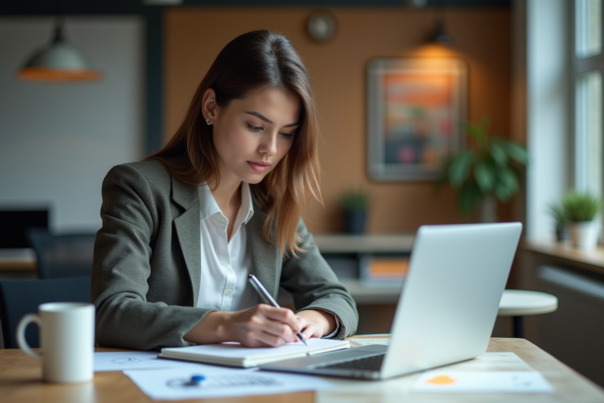 Femme en réunion esquissant des diagrammes dans un bureau moderne