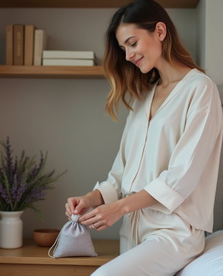Femme arrangeant un sachet de lavande dans sa chambre