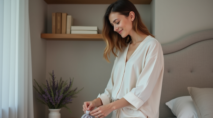 Femme arrangeant un sachet de lavande dans sa chambre