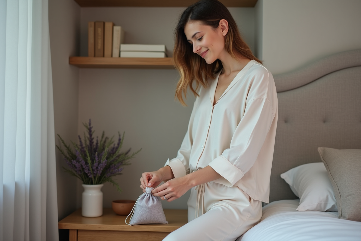 Femme arrangeant un sachet de lavande dans sa chambre