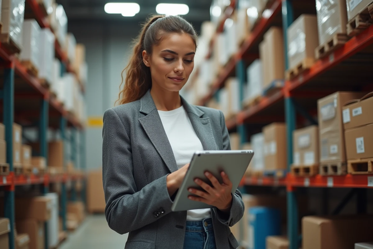 Jeune femme dans un magasin &eacute;lectrique tenant une tablette avec des pi&egrave;ces &eacute;lectriques