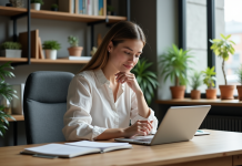 Femme organisée dans son bureau à domicile avec planner