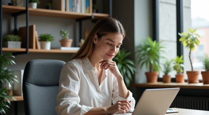 Femme organisée dans son bureau à domicile avec planner