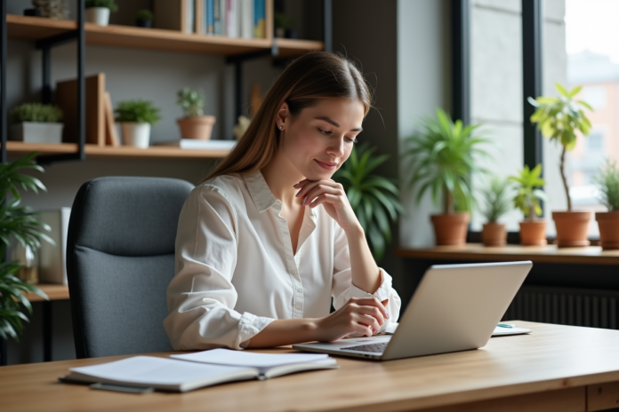 Femme organisée dans son bureau à domicile avec planner
