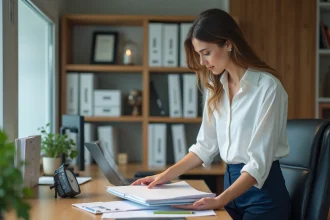 Femme professionnelle triant des dossiers dans un bureau moderne