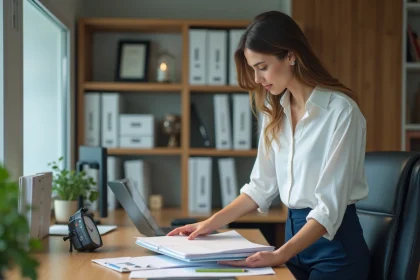 Femme professionnelle triant des dossiers dans un bureau moderne