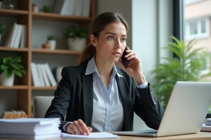 Femme d'affaires au bureau avec téléphone portable