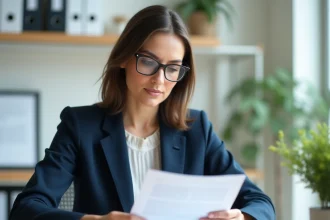 Femme professionnelle examinant un contrat avec garanties et clauses dans un bureau organisé
