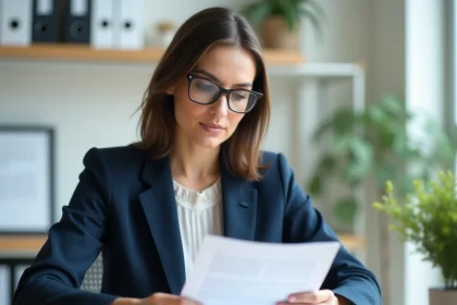 Femme professionnelle examinant un contrat avec garanties et clauses dans un bureau organisé