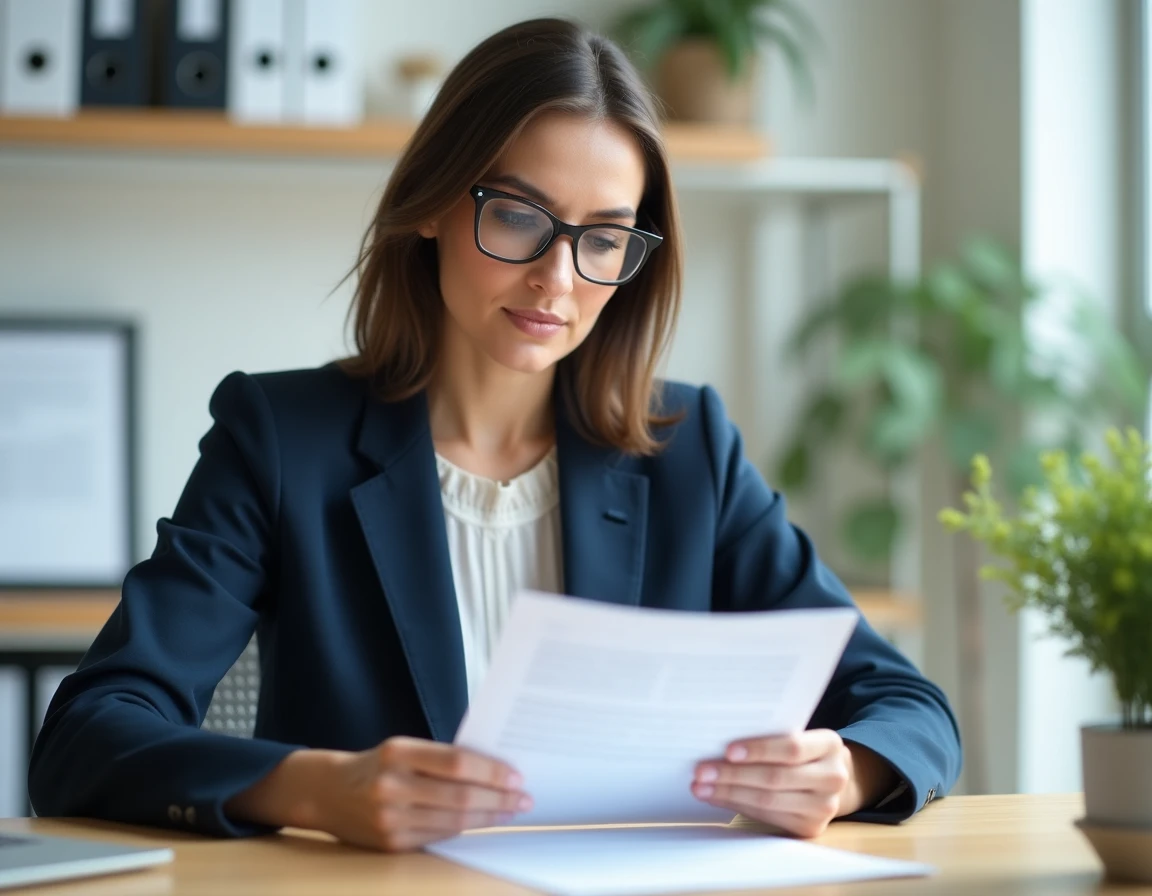 Femme professionnelle examinant un contrat avec garanties et clauses dans un bureau organisé