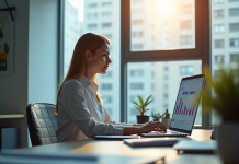 Femme professionnelle analysant sa reputation en ligne sur un ordinateur